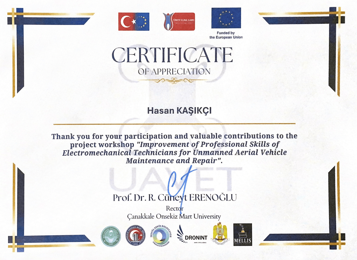 UAVET Proje Çalıştayı Teşekkür Belgesi